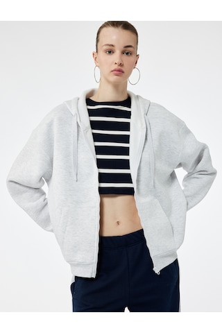 Koton Şardonlu Uzun Kollu Kapüşonlu Kanguru Cepli Oversize Fermuarlı Sweatshirt Kar Melanj 6wal10130ık Gri Melanj