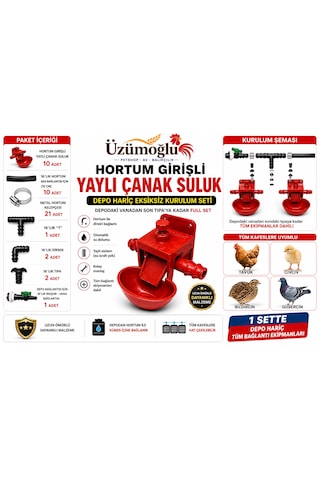 Üzümoğlu 10 Lu Hortum Girişli Yaylı Çanak Suluk Seti Otomatik Kümes Su Sistemi Kurulum Kiti 16 Mm Hortum Bağlantılı Tam Set