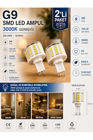 2 Adet 9w 750 Lm 3000k Günışığı G9 Smd Led Ampul