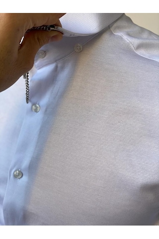 Modefendi Slim Fit Pamuk Örme Bebe Yaka Gömlek Beyaz