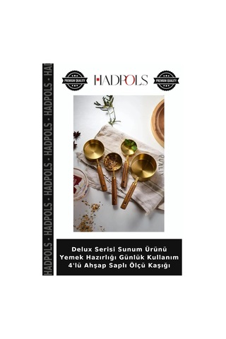 Delux Serisi Sunum Ürünü Yemek Hazırlığı Günlük Kullanım 4'lü Ahşap Saplı Ölçü Kaşığı Altın