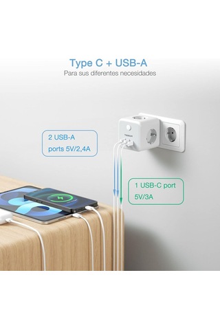 Tessan Enchufe 2 Port Usb C, 6 Ve 1 Cubo Cargador Ladron Enchufes Triple Con 1 Tipo C, Enchufe Multiple Pared Con Switch 0