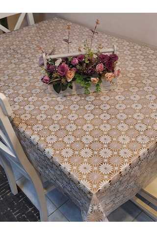İthal Pvc Muşamba - Desenli Silinebilir Masa Örtüsü 11lace015 Bej