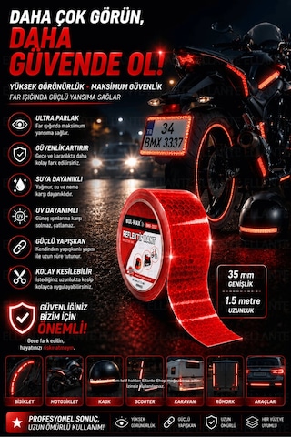Kırmızı Reflektif Bant 3.5 Cm X 1.5 Metre Kendinden Yapışkanlı Gece Görünürlük Güvenlik Bandı Bisikl
