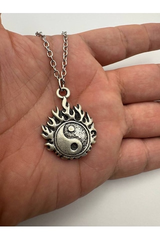 Alev Desenli Ying Yang Sembolü Unisex Kolye 60 Cm Zincirli Metal Ve Temalı Takı Çok renkli