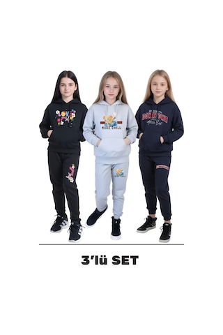 Fyk Kids 3'lü Kız Çocuk Kanguru Cepli Baskı Detaylı Eşofman Takımı Çok Renkli