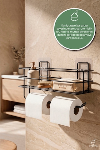 Çiftli Yapışkanlı Tuvalet Kağıtlığı Mat Siyah Metal Kağıtlık Delmeden Montaj Banyo Organizer Renkli