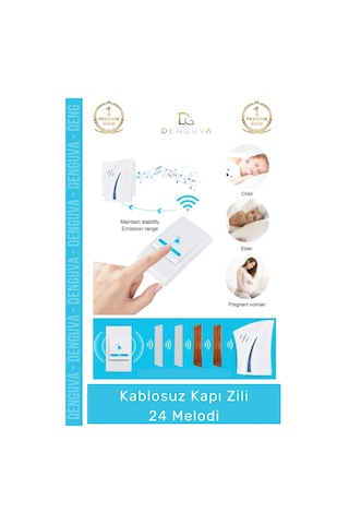 Kapızili 100 Metre Menzilli Pratik Kolay Kurulum Kaliteli Pilli Şık 24 Melodi Kablosuz Kapı Zili