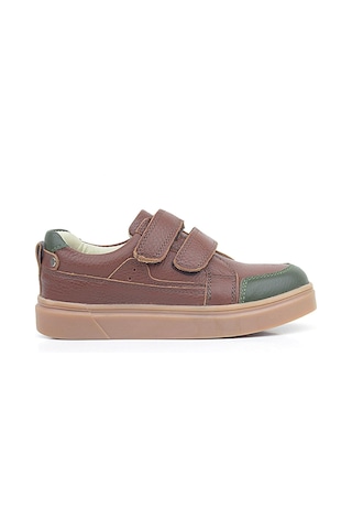 Rakerplus Kahverengi Yeşil Hakiki Deri Cırtlı Çocuk Sneaker Ayakkabı Kahverengi