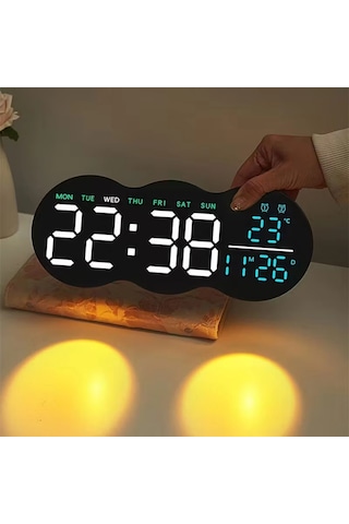 Etashop Uzaktan Kumandalı Bulut Led Duvar Saati Ortam Işıklı Büyük Dijital Ekran Çift Alarm Sıcaklık Siyah