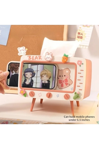 Createtech Gri-sevimli Çok Fonksiyonlu Doku Kutusu Ev İçin Kawaii Tutucu Kare Masaüstü Dekor Tv Doku Kutusu Kasa Pembe Telefon Tutucu Depolama Organizatör/ Pembe