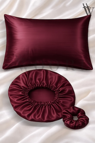 Bordo Saten Yastık Kılıfı + Bone Ve Toka Kıvırcık Ve Düz Saçlar İçin