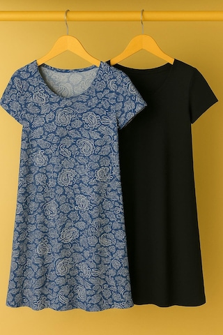 2 Adet Dökümlü Rahat Kalıp Günlük Penye Kumaş Elbise İndigo-siyah