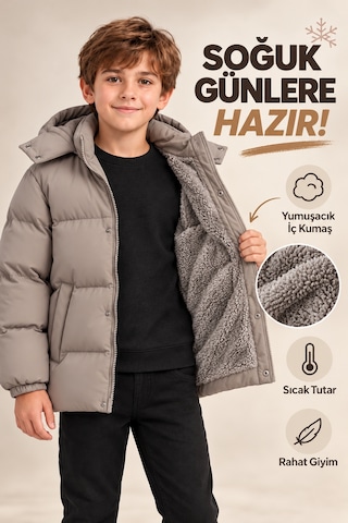 Ahengim Erkek Çocuk Kışlık Kapüşonlu Mont İçi Peluş Astarlı Fermuarlı Cepli Ak4316 Bej
