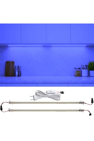 2 Adet 1 Metre Yüksek Lümen Beyaz Işık Şerit Led Bar 220v Opak, Butonlu Fişli, Mutfak Dolap Altı Mavi