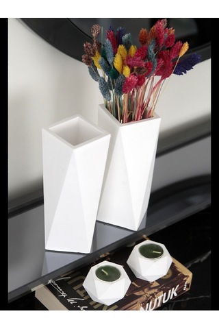 Geometrik Uzun Vazo 20 Cm Ve Geometrik Tealight Mumluk Set 4 Parça Ham Beyaz Beyaz