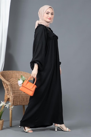 Fırfırlı Robalı Bürümcük Elbise-siyah-1562-beyaz Beyaz