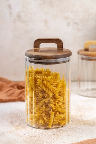 Qerhome Borosilikat Cam Optik Çizgili Akasya Kapaklı Kavanoz Zahire 2450 Ml Şeffaf