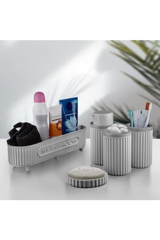 Flora 5 Parça Banyo Seti Çok Amaçlı Sepet, Sıvı Sabunluk, Katı Sabunluk, Diş Fırçalık, Pamukluk Gri