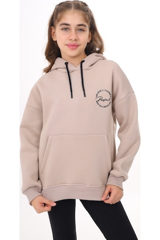 Kız Çocuk Oversize Kapüşonlu Cepli Düşük Omuz Baskılı Yırtmaçlı Sweatshirt - 3 İplik Şardonlu Bej