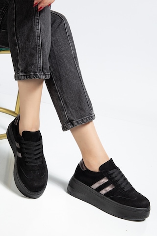 Bahrina Kadın Kalın Tabanlı Sneaker Siyah Süet Platin