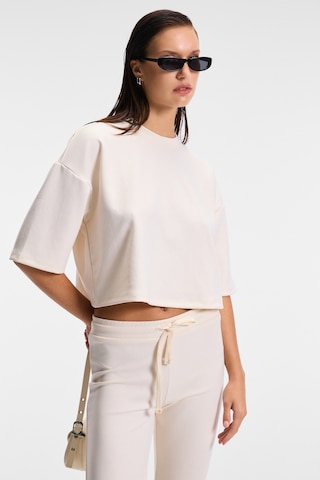 Grımelange Vela Kadın Esnek Kumaşlı Bisiklet Yaka Oversize Fit Bej T-shirt Bej