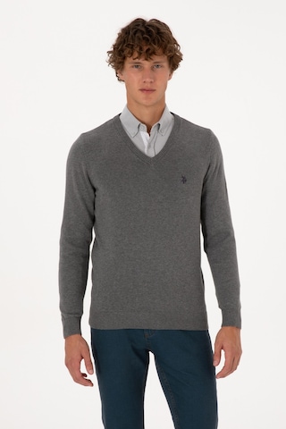 U.S. Polo Assn. Erkek Slim Fit V Yaka Gri Melanj Basic Triko Kazak 50313662-VR086