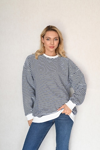 Oversize Çizgili Sweatshirt Lacivert