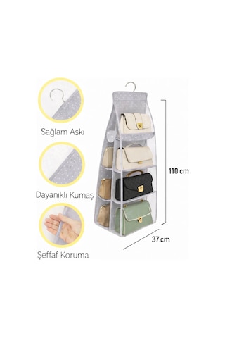 Serstil 8 Bölmeli Askılı Dolap İçi Çanta Düzenleyici Organizer Ayakkabı Saklama 110x37 Cm - Pembe Benekli Gri Puantiye