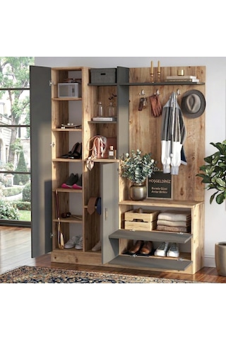 Yurudesign Wisdom Vestiyer Ayakkabılık Portmanto Aynalı Raf Çam-A