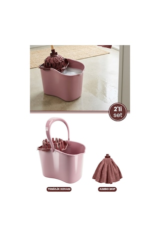 Flora Sıkmalı Temizlik Yer Silme Kovası 15 Litre + Süper Emici Mikrofiber Jumbo Havlu Mop 2 Li Seti