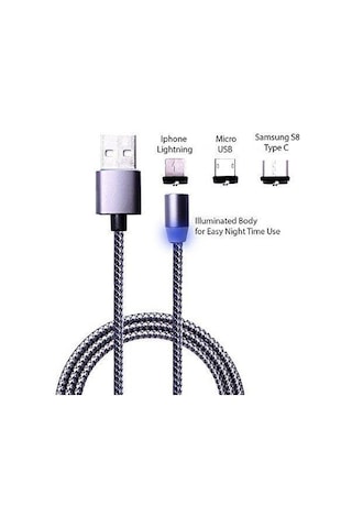Alfais 4910 Apple Uyumlu iPhone Lightning Samsung Micro Usb Type-C Mıknatıslı Şarj Kablosu