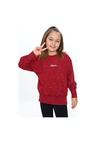 Toontoy Kız Çocuk Relax Fit Bisiklet Yaka Düşük Omuz Nakış Baskılı Sweatshirt - 2 İplik Bordo