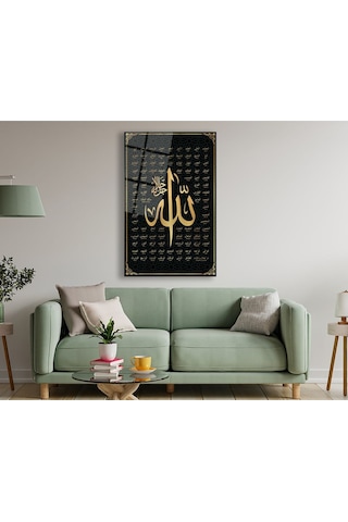 Allah'ın 99 İsmi Esmaül Hüsna Cam Tablo, Dini İslami Modern Ev Ofis Salon Duvar Dekoru, Hediyelik