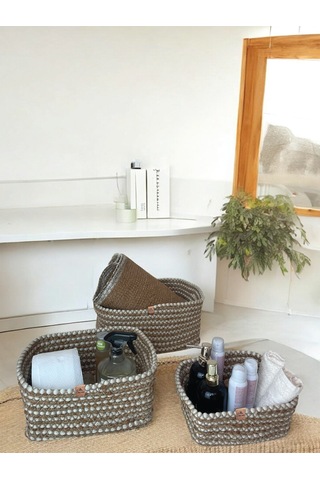 3'lü Hasır Görünümlü Düzenleyici Sepet - Leke Tutmaz - Kahverengi Kahverengi