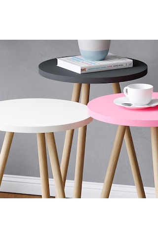 Renkli Üçlü Zigon Sehpa Ahşap Ayaklı Yuvarlak Pastel Tasarım Pembe Beyaz Gri