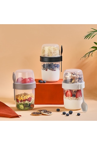 Yoğurt Kabı Seti 300 Ml + 600 Ml Taşınabilir, Bpa İçermeyen Kahvaltı Ve Ara Öğün Kabı Siyah