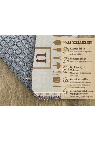 Turkıshrug Kıngdom Bej Kitchen Yazılı Halı Kaymaz Pamuk Taban, Dijital Baskı Çok Renkli