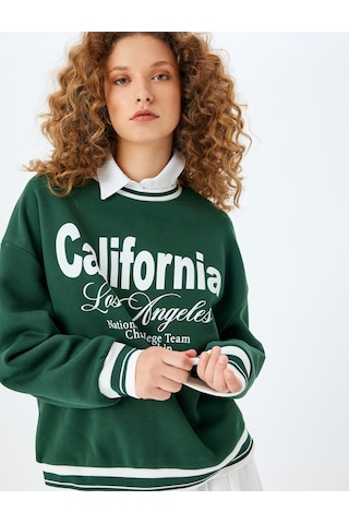 Koton Bisiklet Yaka Kolej Baskılı Biyeli Oversize Sweatshirt Yeşil 5wal10831ık Yeşil