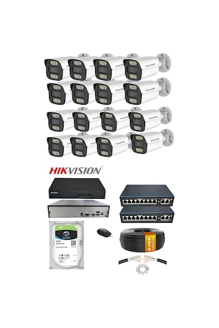 16'lı 5mp Ip Kamera Seti Poe Hikvision Nvr İç/dış Mekan Gece Görüş Ses Kayıt Mobil İzleme 10tb Hdd 710 Metre Kablo Full Set