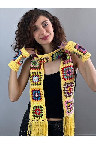 Gönülden Tasarım El Örgüsü Etnik Motif Desenli Atkı Eldiven Set Atkı 180 Cm Sarı