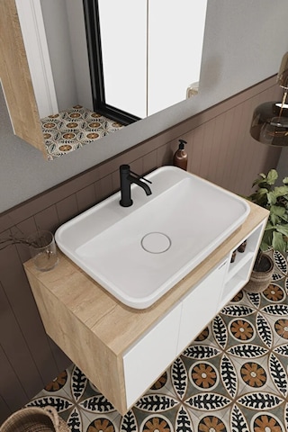 Lale Beyaz 80 Cm %100 Mdf Lavabolu Banyo Dolabı + Aynalı Dolap Beyaz Meşe