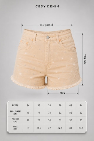 Cedy Denim Cedy Denım- Özel Tasarım Taş Detaylı Likralı Püsküllü Kadın Denim Şort E7019 Bej