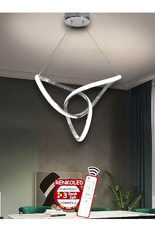 Kumandalı 3 Renk Işıklı Modern Sarkıt Led Avize Krom Kasa Salon, Krom