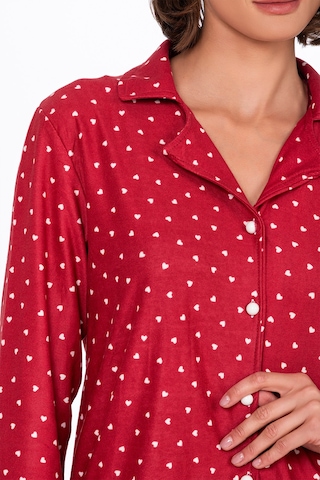 Kadın Süet Önden Düğmeli Pijama Takımı Kalpli Kırmızı Kırmızı - Beyaz