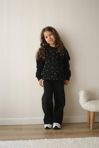 Kız Çocuk Siyah 3 İplik Şardonlu Takım Yıldız Desenli Sweatshirt & Rahat Eşofman Altı Siyah