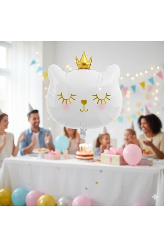30 İnç Beyaz Kedi Kafası Taçlı Folyo Balon - Doğum Günü Parti Dekorasyon Balonu Çok Renkli