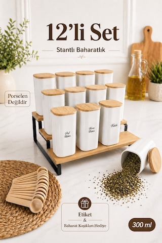 12'li 300 Ml Bambu Stantlı Vakumlu Ahşap Kapaklı Porselen Görünümlü Akrilik Baharatlık Kaşık Etiket Şeffaf