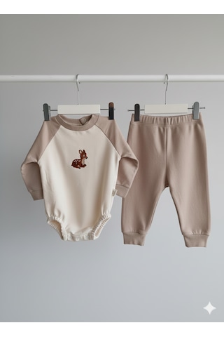 Luppinos Baby Deer Unisex 2li %100 Pamuk Nakışlı İki İplik Alt Üst Takım Bej - Camel