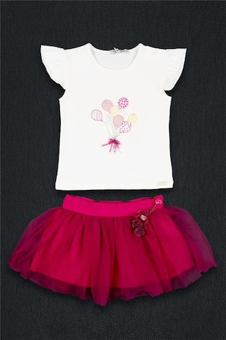 Kız Bebek Pembe Beyaz Tişört Tüllü Şort Mevsimlik Takım Pembe